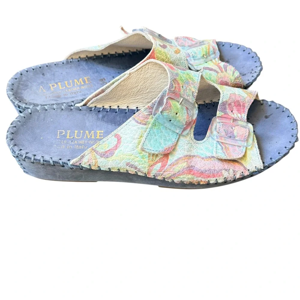 La Plume Sandals Women‎ US 7.5 Pastel Leather Floral Double Buckle Slides Italy